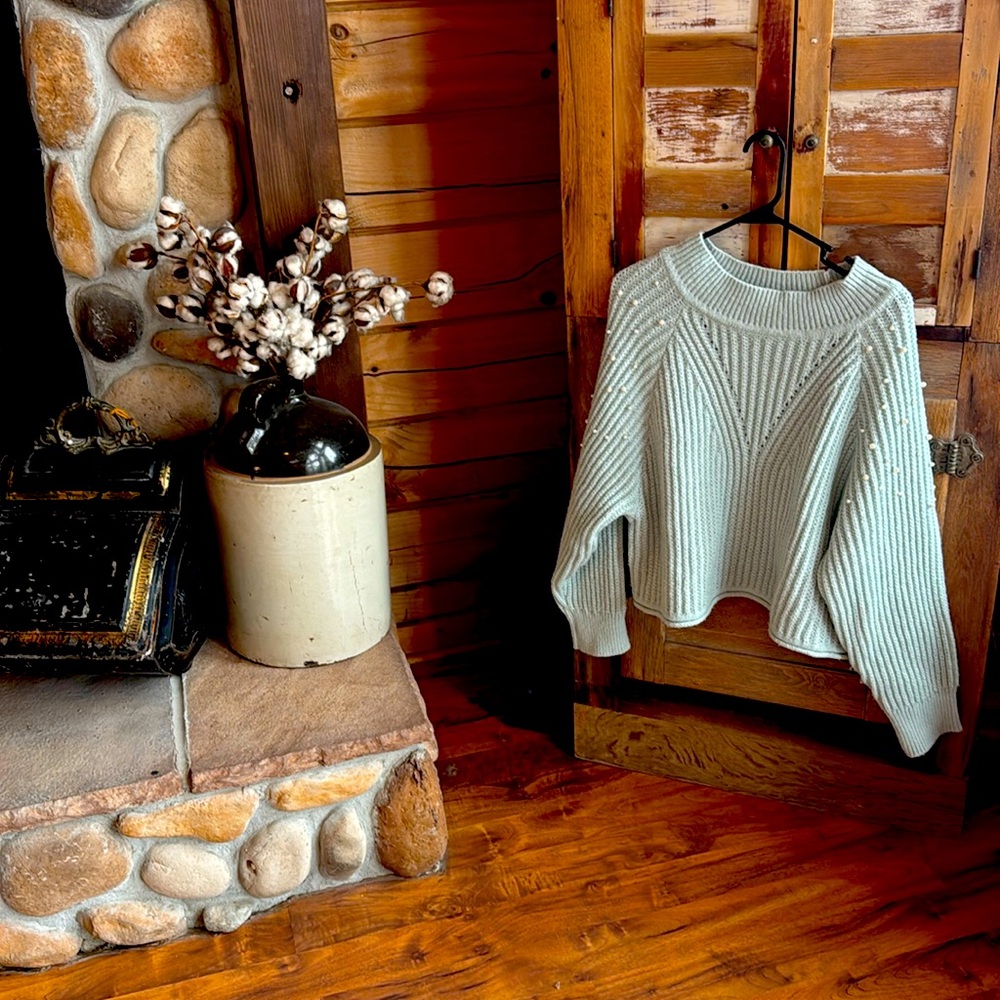 Cropped Baby Blue Sweater with Pearls